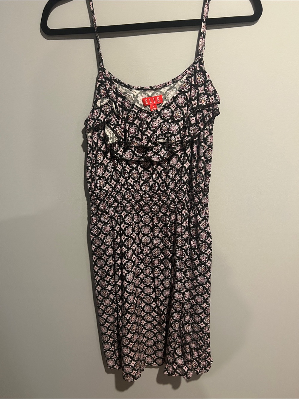 Elle Black and Pink Printed Ruffle-Front Sundress